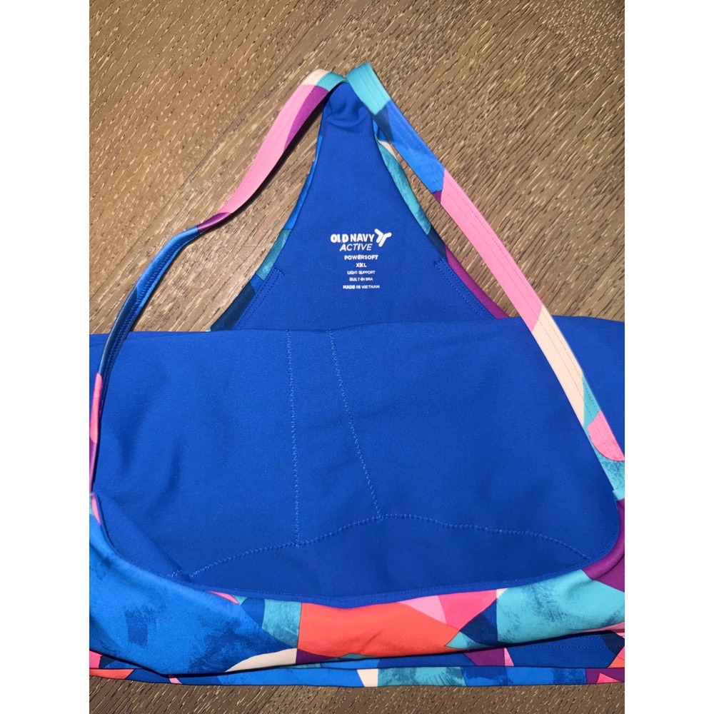 Old Navy Active PowerSoft High Neck Sports Bra XXL Blue Pink Geometric Abstract - Picture 2 of 3